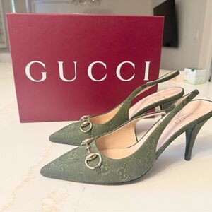 GUCCI SLINGBACK PUMP HORSEBIT GREEN CANVAS 38